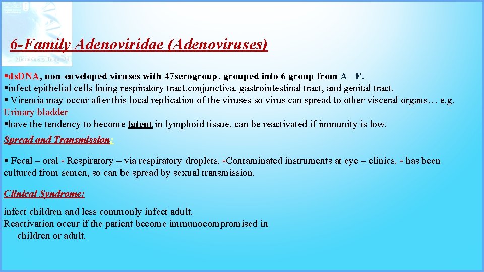 6 -Family Adenoviridae (Adenoviruses) §ds. DNA, non-enveloped viruses with 47 serogroup, grouped into 6