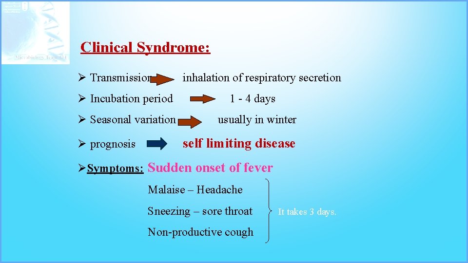 Clinical Syndrome: Ø Transmission Ø Incubation period Ø Seasonal variation Ø prognosis inhalation of