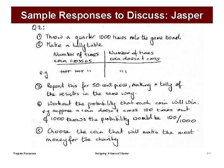 Sample Responses to Discuss: Jasper Projector Resources Designing: A Game of Chance P-7 