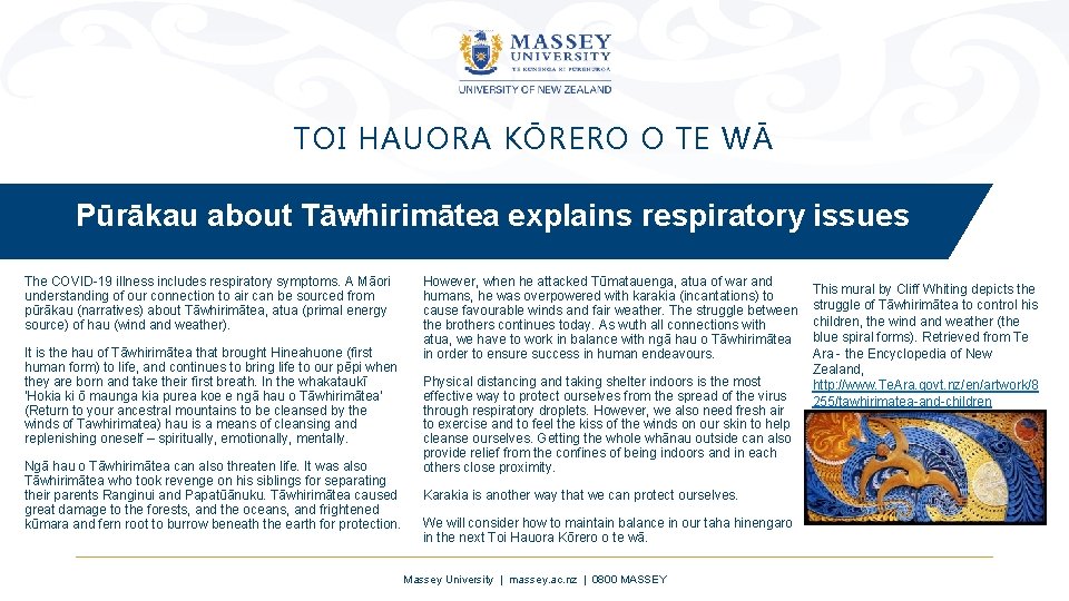 TOI HAUORA KŌRERO O TE WĀ Pūrākau about Tāwhirimātea explains respiratory issues The COVID-19