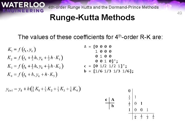 4 th-order Runge Kutta and the Dormand-Prince Methods Runge-Kutta Methods The values of these