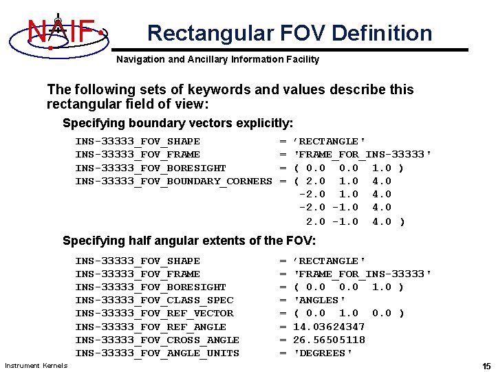 N IF Rectangular FOV Definition Navigation and Ancillary Information Facility The following sets of