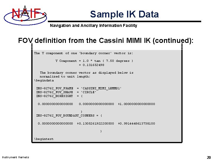 N IF Sample IK Data Navigation and Ancillary Information Facility FOV definition from the