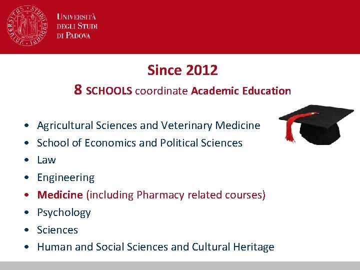 Since 2012 8 SCHOOLS coordinate Academic Education • • Agricultural Sciences and Veterinary Medicine