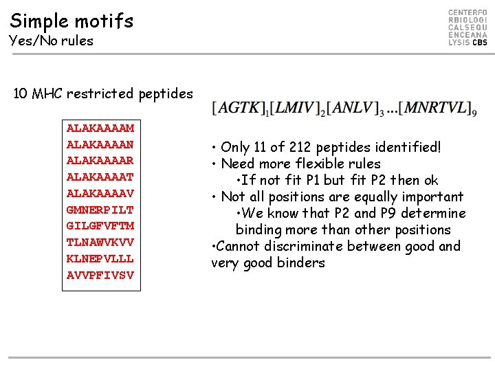 Simple motifs Yes/No rules 10 MHC restricted peptides ALAKAAAAM ALAKAAAAN ALAKAAAAR ALAKAAAAT ALAKAAAAV GMNERPILT Simple motifs Yes/No rules 10 MHC restricted peptides ALAKAAAAM ALAKAAAAN ALAKAAAAR ALAKAAAAT ALAKAAAAV GMNERPILT