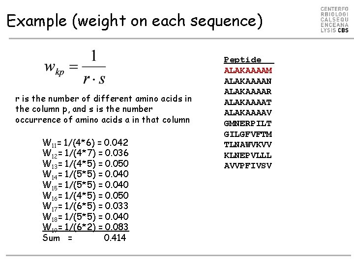 Example (weight on each sequence) r is the number of different amino acids in Example (weight on each sequence) r is the number of different amino acids in