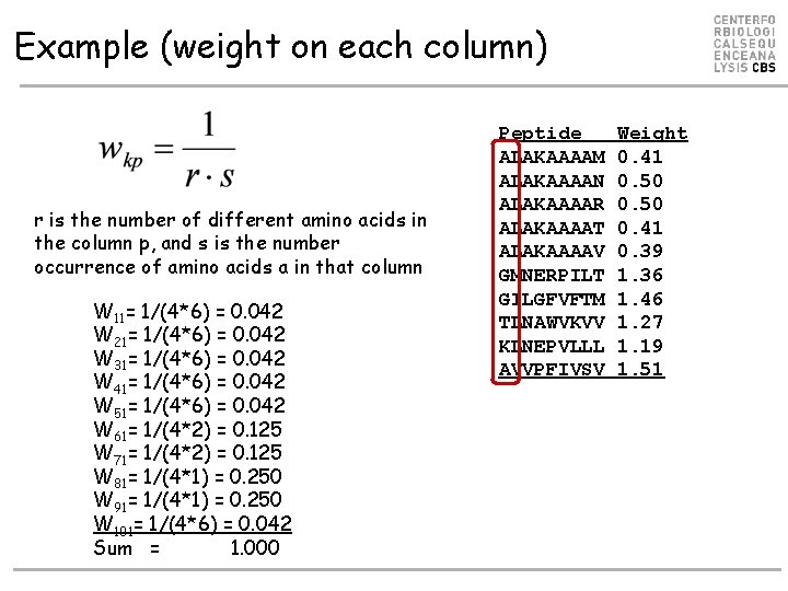 Example (weight on each column) r is the number of different amino acids in Example (weight on each column) r is the number of different amino acids in
