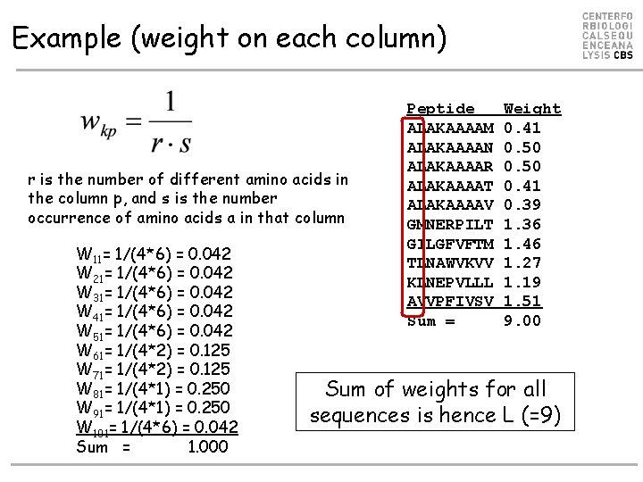 Example (weight on each column) r is the number of different amino acids in Example (weight on each column) r is the number of different amino acids in