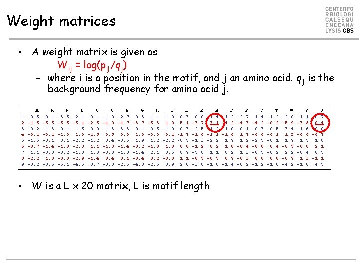 Weight matrices • A weight matrix is given as Wij = log(pij/qj) – where Weight matrices • A weight matrix is given as Wij = log(pij/qj) – where
