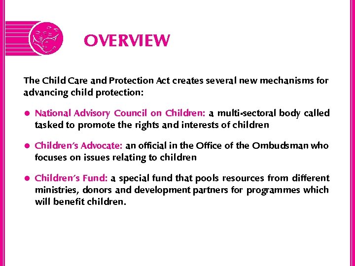 OVERVIEW The Child Care and Protection Act creates several new mechanisms for advancing child