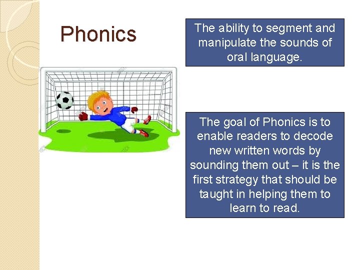 Phonics The ability to segment and manipulate the sounds of oral language. The goal