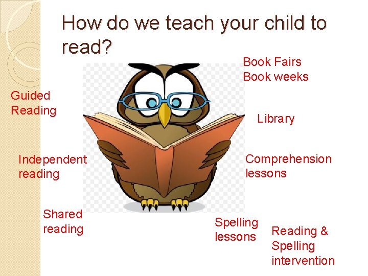 How do we teach your child to read? Book Fairs Book weeks Guided Reading