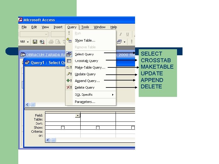 SELECT CROSSTAB MAKETABLE UPDATE APPEND DELETE 