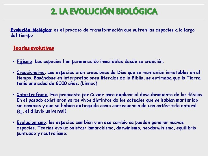 2. LA EVOLUCIÓN BIOLÓGICA Evolución biológica: es el proceso de transformación que sufren las