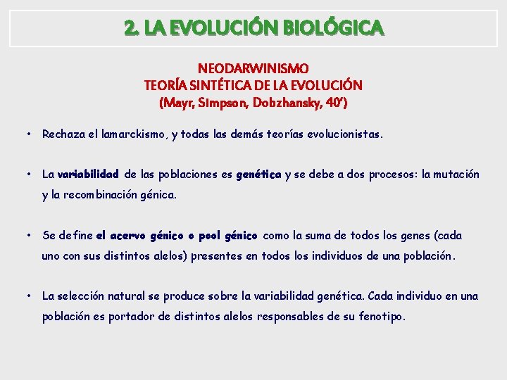 2. LA EVOLUCIÓN BIOLÓGICA NEODARWINISMO TEORÍA SINTÉTICA DE LA EVOLUCIÓN (Mayr, Simpson, Dobzhansky, 40’)