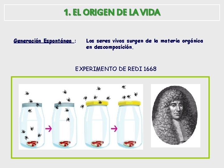 1. EL ORIGEN DE LA VIDA Generación Espontánea : Los seres vivos surgen de