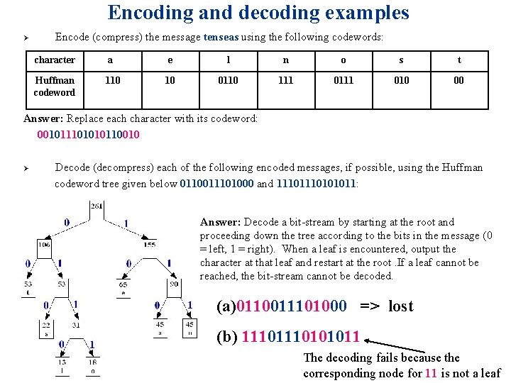 Encoding and decoding examples Ø Encode (compress) the message tenseas using the following codewords: