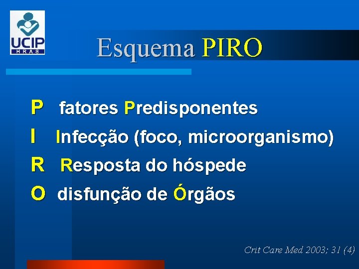 Esquema PIRO P fatores Predisponentes I Infecção (foco, microorganismo) R Resposta do hóspede O