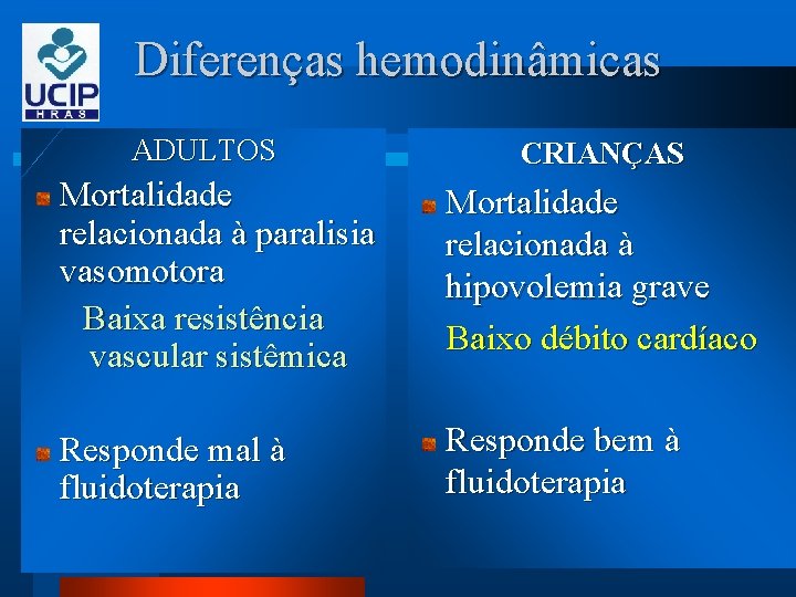 Diferenças hemodinâmicas ADULTOS CRIANÇAS Mortalidade relacionada à paralisia vasomotora Baixa resistência vascular sistêmica Mortalidade