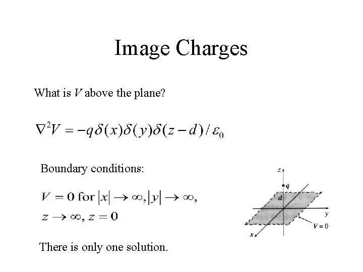 Image Charges What is V above the plane? Boundary conditions: There is only one