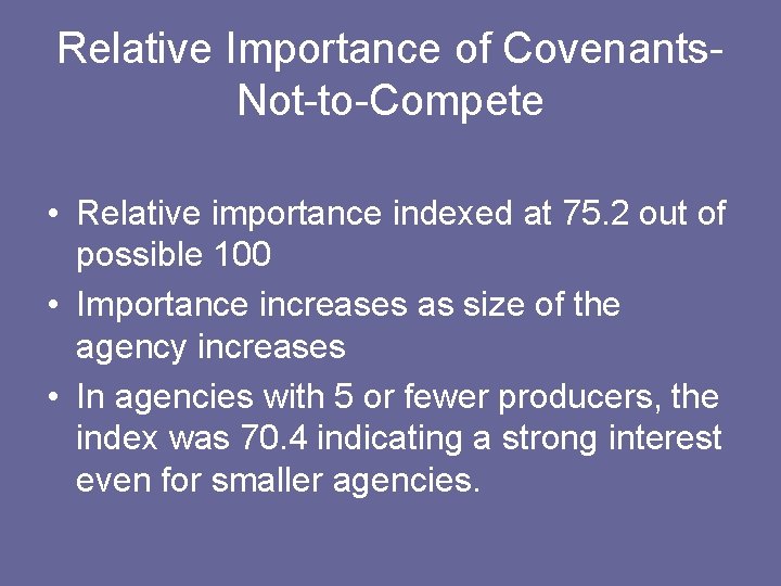Relative Importance of Covenants. Not-to-Compete • Relative importance indexed at 75. 2 out of