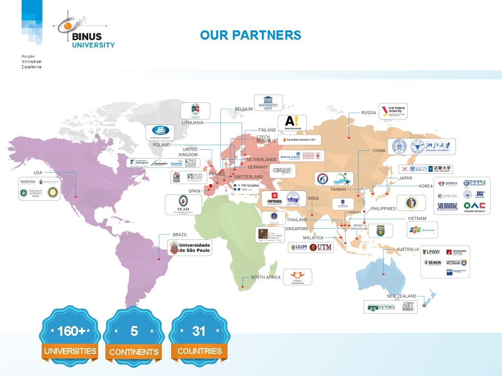 OUR PARTNERS 160+ 5 31 UNIVERSITIES CONTINENTS COUNTRIES 