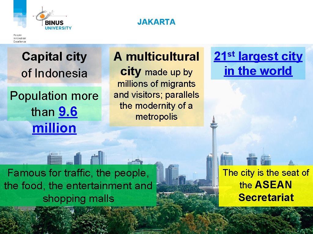 JAKARTA Capital city of Indonesia Population more than 9. 6 million A multicultural city