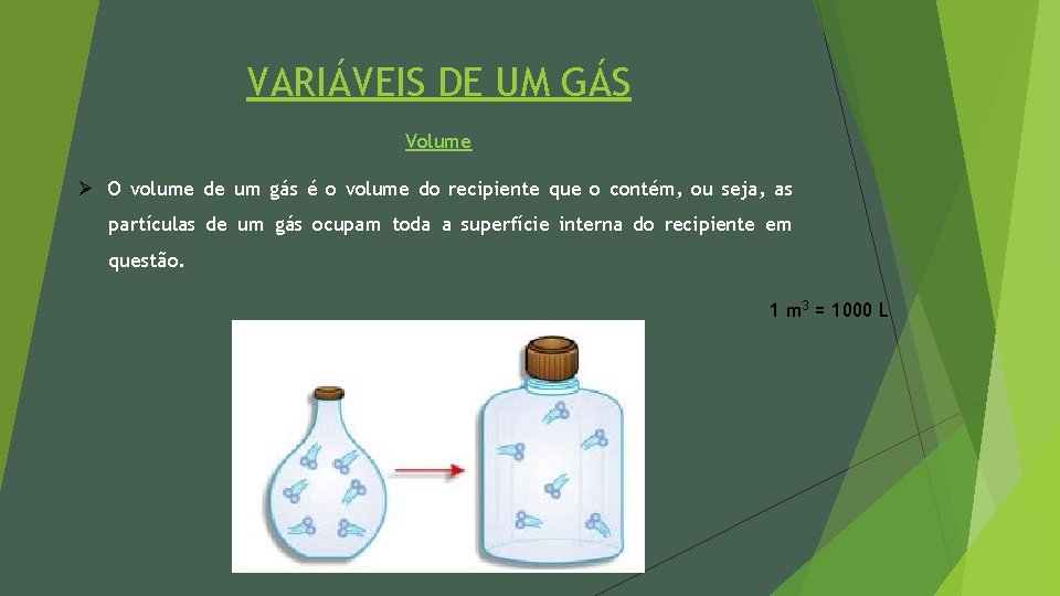VARIÁVEIS DE UM GÁS Volume Ø O volume de um gás é o volume
