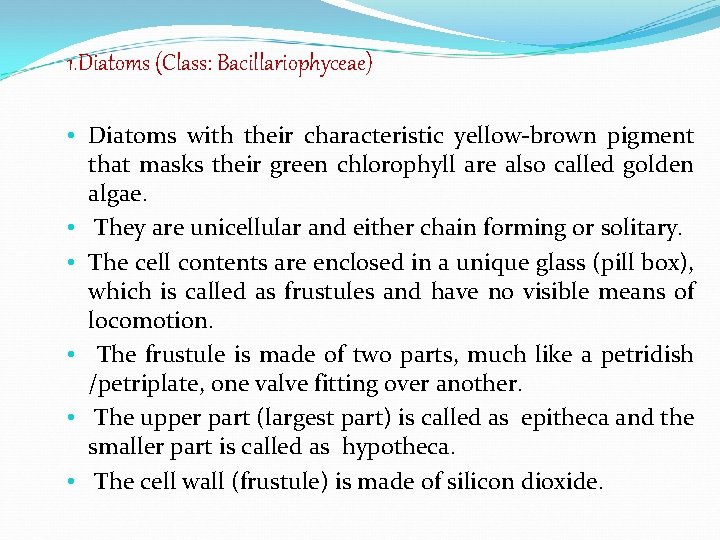 1. Diatoms (Class: Bacillariophyceae) • Diatoms with their characteristic yellow-brown pigment that masks their