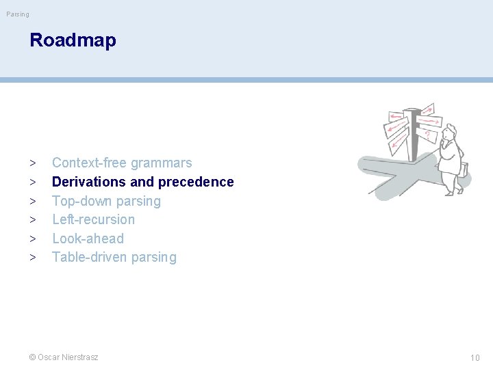 Parsing Roadmap > > > Context-free grammars Derivations and precedence Top-down parsing Left-recursion Look-ahead