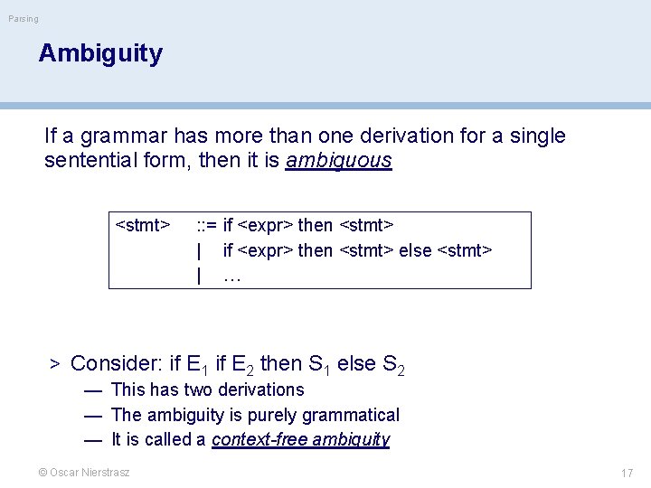 Parsing Ambiguity If a grammar has more than one derivation for a single sentential