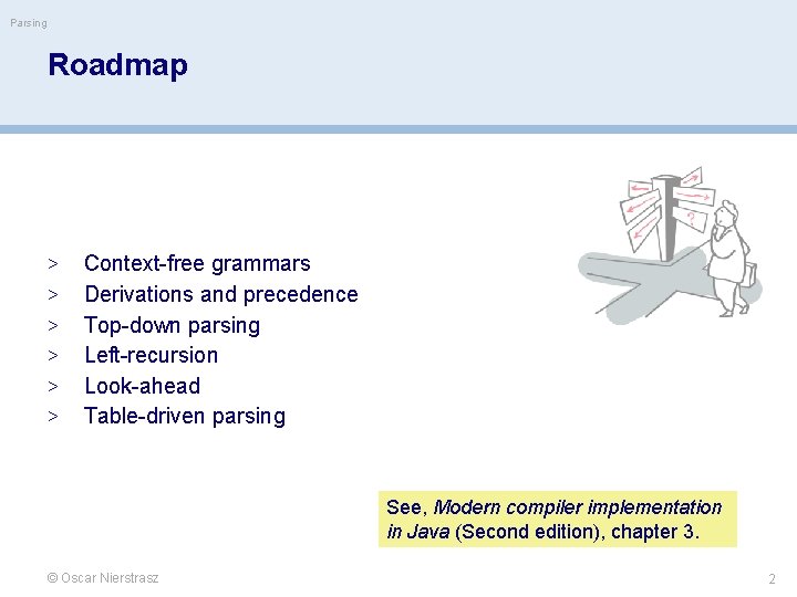 Parsing Roadmap > > > Context-free grammars Derivations and precedence Top-down parsing Left-recursion Look-ahead