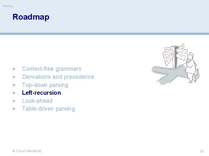 Parsing Roadmap > > > Context-free grammars Derivations and precedence Top-down parsing Left-recursion Look-ahead