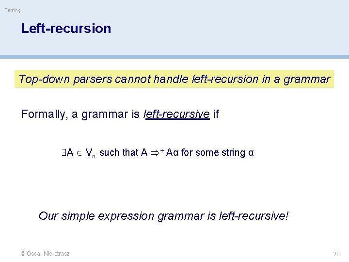 Parsing Left-recursion Top-down parsers cannot handle left-recursion in a grammar Formally, a grammar is