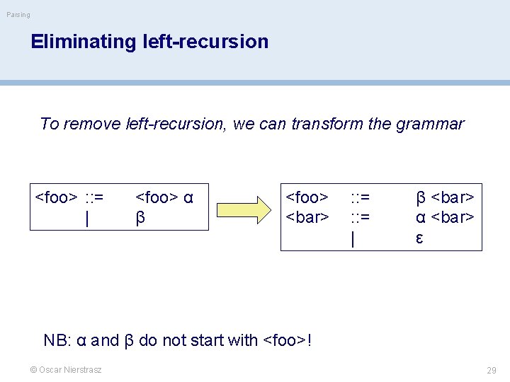 Parsing Eliminating left-recursion To remove left-recursion, we can transform the grammar <foo> : :