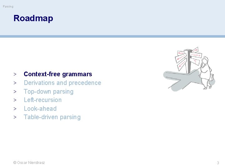 Parsing Roadmap > > > Context-free grammars Derivations and precedence Top-down parsing Left-recursion Look-ahead