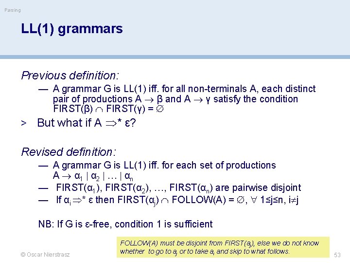 Parsing LL(1) grammars Previous definition: — A grammar G is LL(1) iff. for all