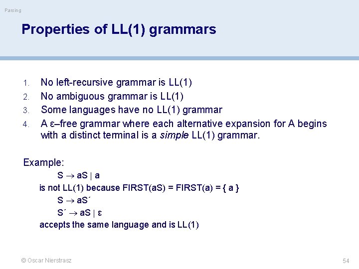 Parsing Properties of LL(1) grammars 1. 2. 3. 4. No left-recursive grammar is LL(1)