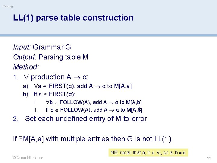 Parsing LL(1) parse table construction Input: Grammar G Output: Parsing table M Method: 1.