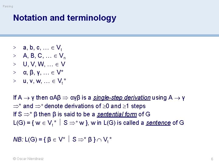 Parsing Notation and terminology > > > a, b, c, … Vt A, B,