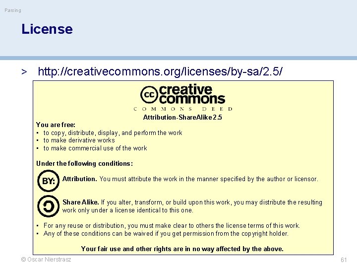 Parsing License > http: //creativecommons. org/licenses/by-sa/2. 5/ Attribution-Share. Alike 2. 5 You are free: