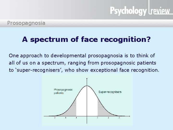 Prosopagnosia A spectrum of face recognition? One approach to developmental prosopagnosia is to think
