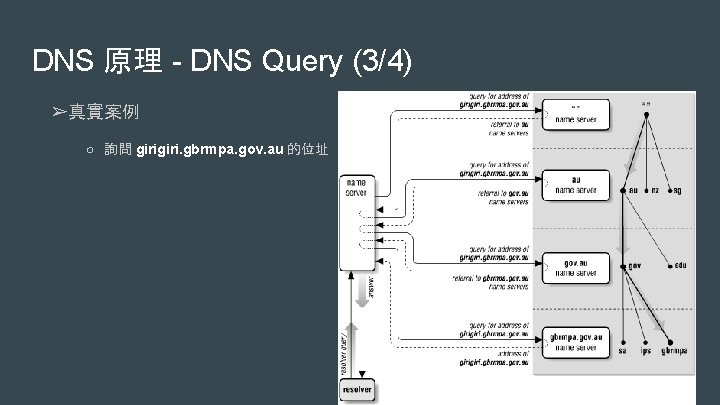 DNS 原理 - DNS Query (3/4) ➢真實案例 ○ 詢問 giri. gbrmpa. gov. au 的位址