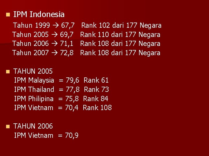 n IPM Indonesia Tahun 1999 67, 7 Tahun 2005 69, 7 Tahun 2006 71,
