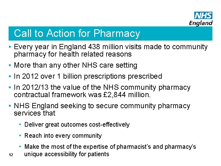 Call to Action for Pharmacy • Every year in England 438 million visits made