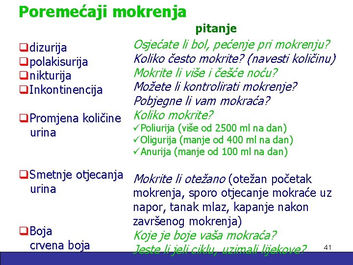 Poremećaji mokrenja pitanje Osjećate li bol, pećenje pri mokrenju? Koliko često mokrite? (navesti količinu)