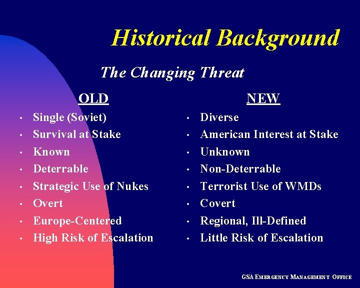Historical Background The Changing Threat OLD • • Single (Soviet) Survival at Stake Known