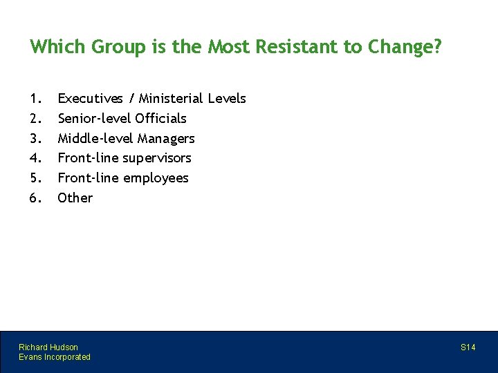 Which Group is the Most Resistant to Change? 1. 2. 3. 4. 5. 6.