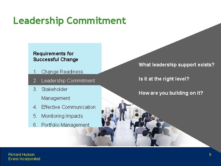 Leadership Commitment Requirements for Successful Change What leadership support exists? 1. Change Readiness 2.