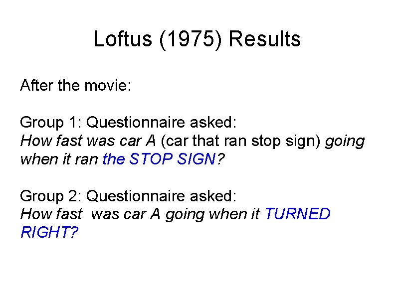 Loftus (1975) Results After the movie: Group 1: Questionnaire asked: How fast was car